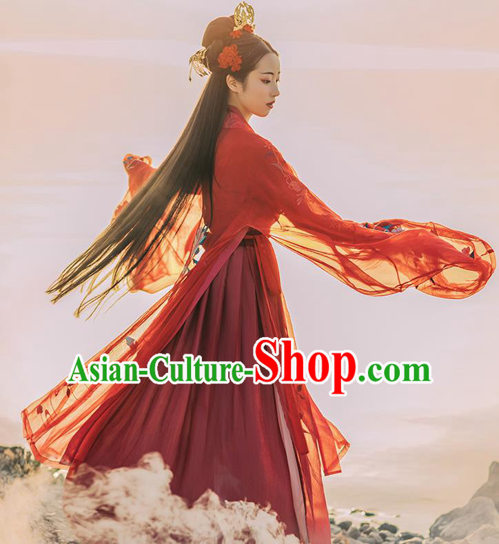 Asian Chinese Tang Dynasty Royal Princess Red Hanfu Dress Traditional Ancient Goddess Wedding Costumes for Women