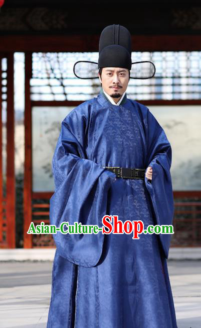 Asian Chinese Ming Dynasty Chancellor Navy Ceremonial Robe Traditional Ancient Minister Costumes for Men