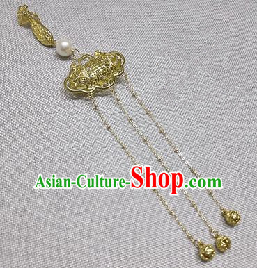 Chinese Traditional Hanfu Palace Golden Longevity Lock Tassel Brooch Accessories Ancient Qing Dynasty Queen Breastpin Pendant for Women