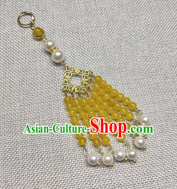 Chinese Traditional Hanfu Yellow Beads Tassel Brooch Accessories Ancient Qing Dynasty Queen Breastpin Pendant for Women