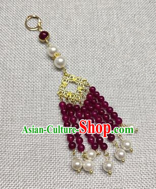 Chinese Traditional Hanfu Wine Red Beads Tassel Brooch Accessories Ancient Qing Dynasty Queen Breastpin Pendant for Women
