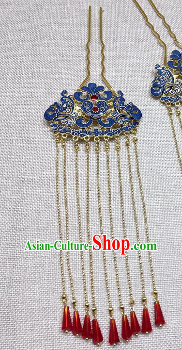 Chinese Ancient Princess Tassel Blue Hair Clip Traditional Hair Accessories Hanfu Hairpins for Women