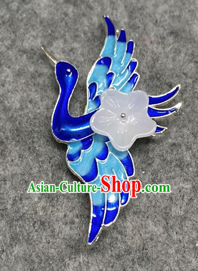 Chinese Traditional Hanfu Accessories Blueing Crane Brooch Ancient Qing Dynasty Queen Breastpin for Women