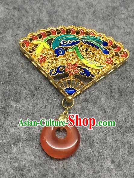 Chinese Traditional Hanfu Accessories Golden Fan Brooch Ancient Qing Dynasty Queen Breastpin for Women