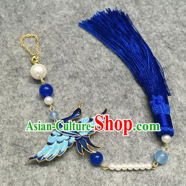 Chinese Traditional Hanfu Accessories Blueing Crane Brooch Tassel Pendant Ancient Qing Dynasty Queen Breastpin for Women