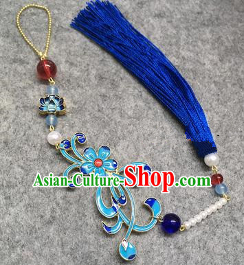 Chinese Traditional Hanfu Accessories Blueing Chrysanthemum Brooch Tassel Pendant Ancient Qing Dynasty Queen Breastpin for Women