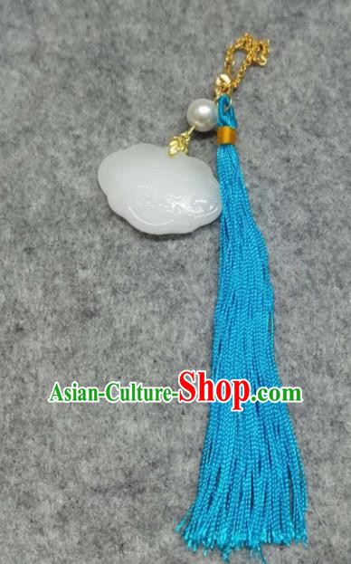 Chinese Traditional Hanfu Accessories Brooch Longevity Lock Blue Tassel Pendant Ancient Qing Dynasty Queen Breastpin for Women