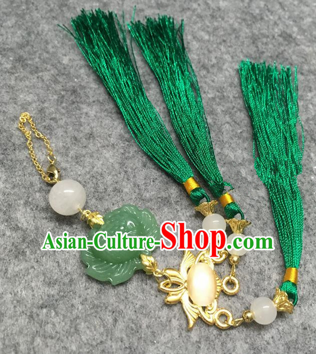 Chinese Traditional Hanfu Brooch Accessories Green Tassel Lotus Pendant Ancient Qing Dynasty Queen Breastpin for Women