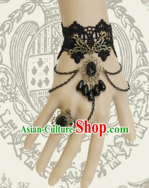 Top Grade Handmade Halloween Black Lace Bangle with Ring Fancy Ball Bracelet Accessories for Women