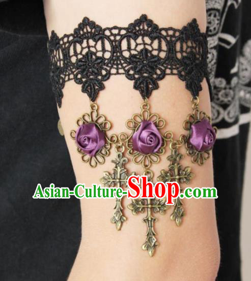 Top Grade Handmade Halloween Purple Rose Armlet Fancy Ball Black Lace Bracelet Accessories for Women