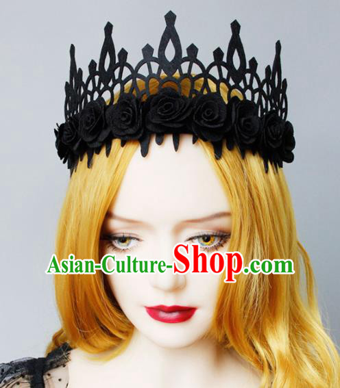 Top Grade Halloween Cosplay Gothic Black Roses Royal Crown Fancy Ball Handmade Hair Accessories for Women