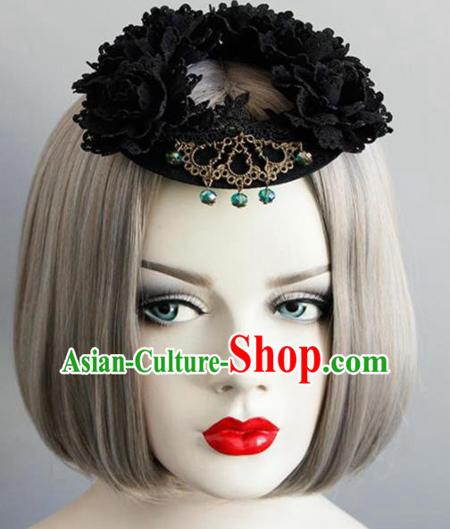 Top Grade Gothic Queen Black Top Hat Halloween Cosplay Fancy Ball Handmade Hair Accessories for Women