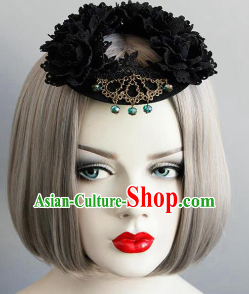 Top Grade Gothic Queen Black Top Hat Halloween Cosplay Fancy Ball Handmade Hair Accessories for Women