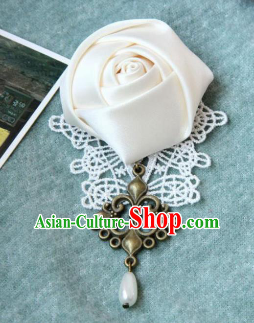 Handmade Gothic White Rose Brooch Accessories Halloween Fancy Ball Cosplay Breastpin for Women
