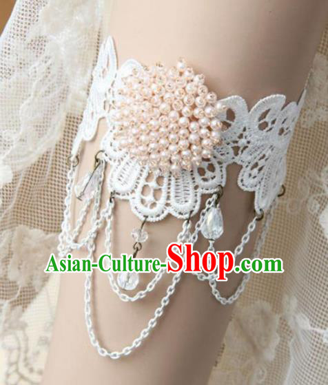 Top Grade Handmade Halloween Cosplay Gothic White Lace Armband Fancy Ball Pearls Bracelet Accessories for Women