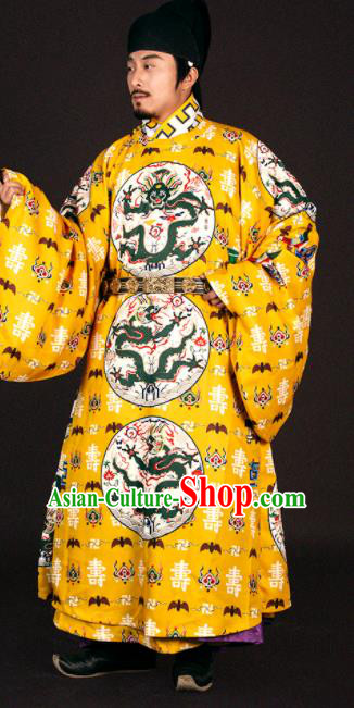 Asian Chinese Traditional Ming Dynasty Emperor Yellow Imperial Robe Ancient Court Monarch Costumes for Men