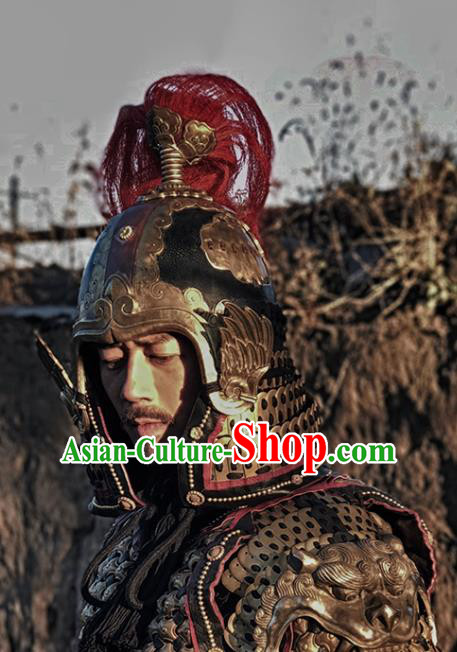 Asian Chinese Traditional Song Dynasty General Body Armor and Helmet Ancient Military Officer Costumes for Men