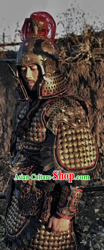 Asian Chinese Traditional Song Dynasty General Body Armor and Helmet Ancient Military Officer Costumes for Men