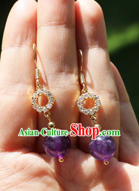 Chinese Traditional Hanfu Purple Bead Ear Accessories Ancient Qing Dynasty Princess Earrings for Women