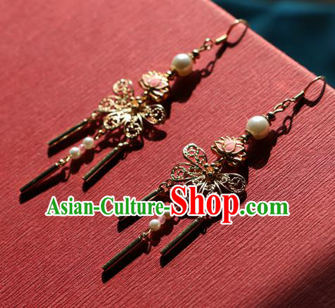 Chinese Traditional Hanfu Golden Butterfly Lotus Ear Accessories Ancient Qing Dynasty Princess Earrings for Women