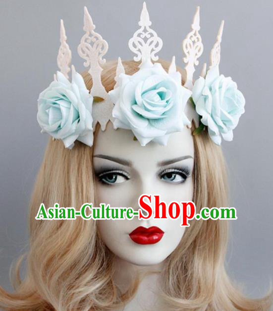 Handmade Halloween Cosplay Blue Roses Headwear Fancy Ball Stage Show Royal Crown for Women