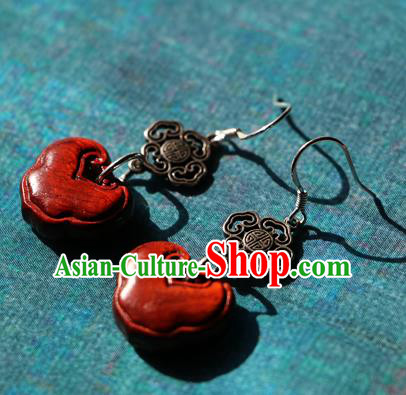 Chinese Traditional Hanfu Red Rosewood Ear Accessories Ancient Qing Dynasty Princess Earrings for Women