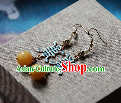 Chinese Traditional Hanfu Cloisonne Yellow Jade Ear Accessories Ancient Qing Dynasty Princess Earrings for Women