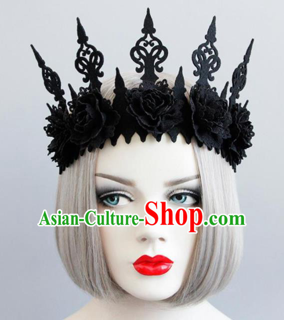 Halloween Handmade Cosplay Queen Headwear Fancy Ball Stage Show Black Peony Royal Crown for Women