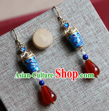 Chinese Traditional Hanfu Cloisonne Lotus Agate Ear Accessories Ancient Qing Dynasty Princess Earrings for Women