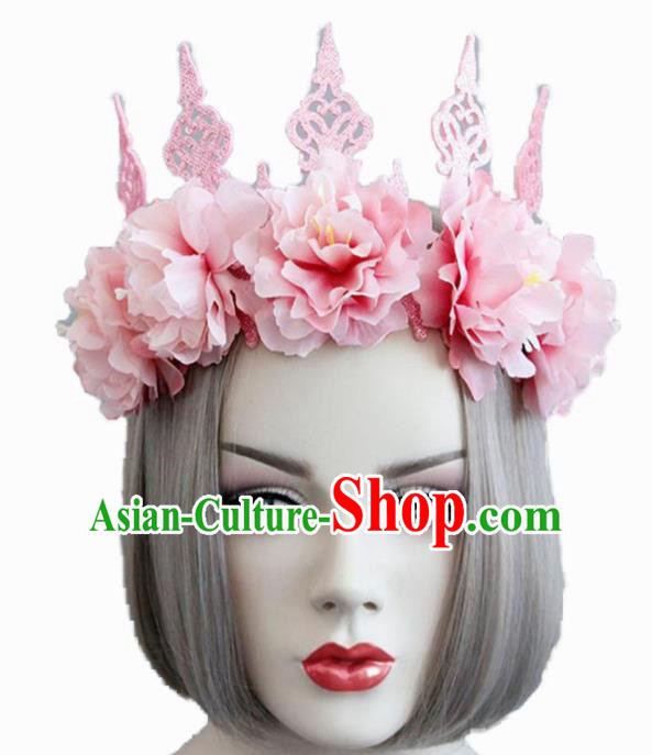 Halloween Handmade Cosplay Queen Pink Roses Royal Crown Fancy Ball Stage Show Headwear for Women