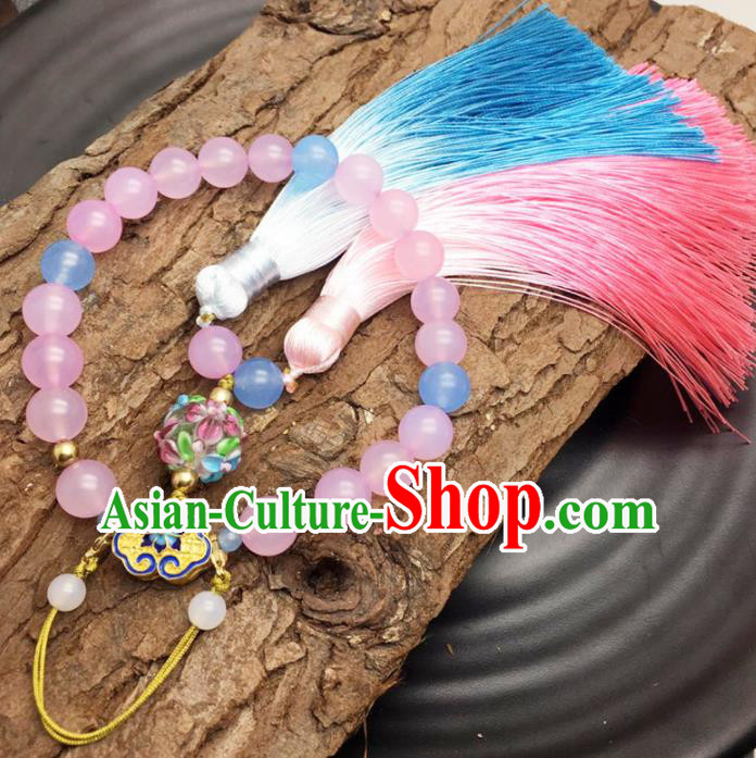 Chinese Traditional Hanfu Pink Beads Tassel Accessories Ancient Qing Dynasty Imperial Consort Brooch Pendant for Women