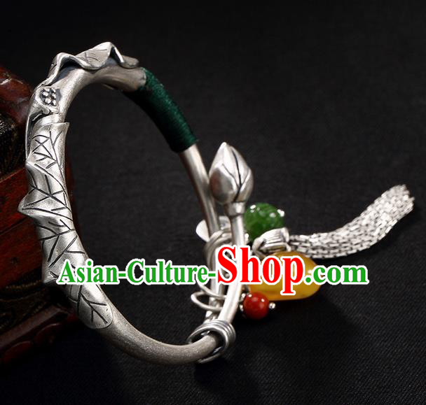 Chinese Traditional Hanfu Jewelry Accessories Carving Sliver Bracelet Ancient Qing Dynasty Princess Bangle for Women