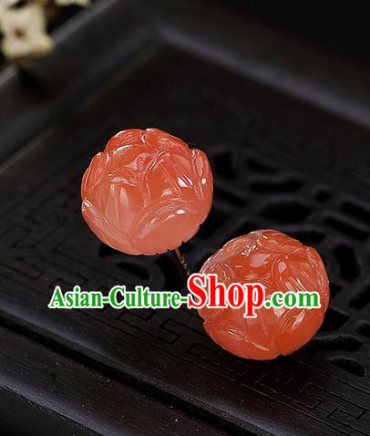 Chinese Traditional Hanfu Court Red Jade Lotus Ear Accessories Ancient Qing Dynasty Princess Earrings for Women