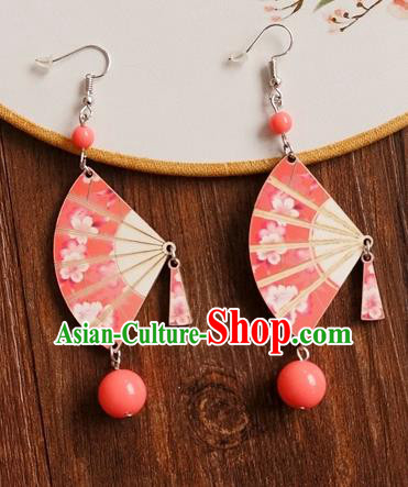 Chinese Traditional Hanfu Court Red Fan Ear Accessories Ancient Ming Dynasty Princess Earrings for Women