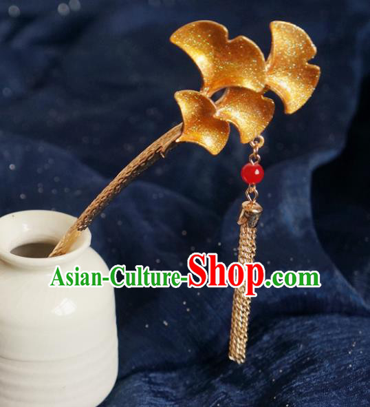 Chinese Ancient Ming Dynasty Princess Golden Ginkgo Tassel Hairpins Traditional Hanfu Court Hair Accessories for Women