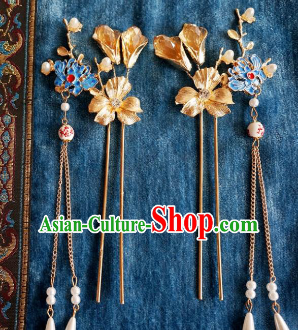 Chinese Ancient Ming Dynasty Princess Blueing Lotus Tassel Hairpins Traditional Hanfu Court Hair Accessories for Women