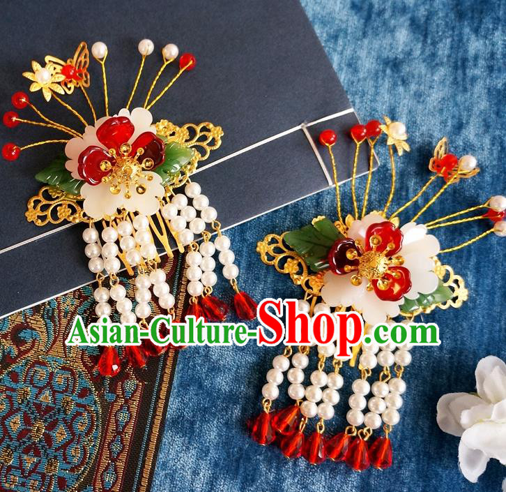 Chinese Ancient Ming Dynasty Princess Beads Tassel Hair Claws Hairpins Traditional Hanfu Court Hair Accessories for Women