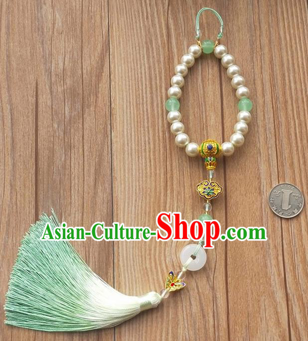 Chinese Traditional Hanfu Green Tassel Pearls Brooch Pendant Ancient Cheongsam Breastpin Accessories for Women