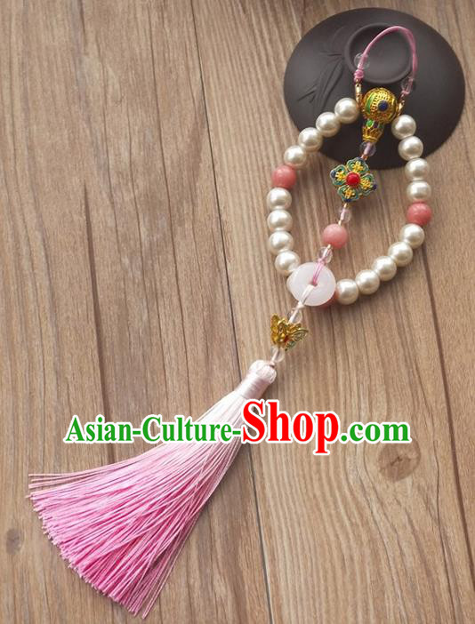 Chinese Traditional Hanfu Pink Tassel Pearls Brooch Pendant Ancient Cheongsam Breastpin Accessories for Women