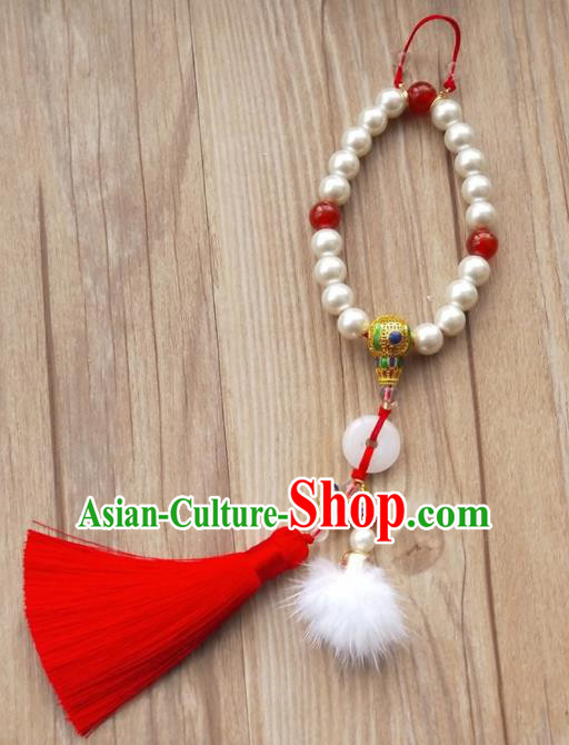 Chinese Traditional Hanfu Red Tassel Pearls Brooch Pendant Ancient Cheongsam Breastpin Accessories for Women