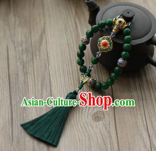 Chinese Traditional Hanfu Green Beads Tassel Brooch Pendant Ancient Cheongsam Breastpin Accessories for Women