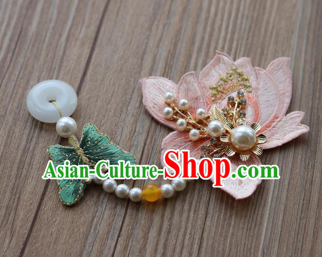 Chinese Traditional Hanfu Embroidered Pearls Tassel Brooch Pendant Ancient Cheongsam Breastpin Accessories for Women