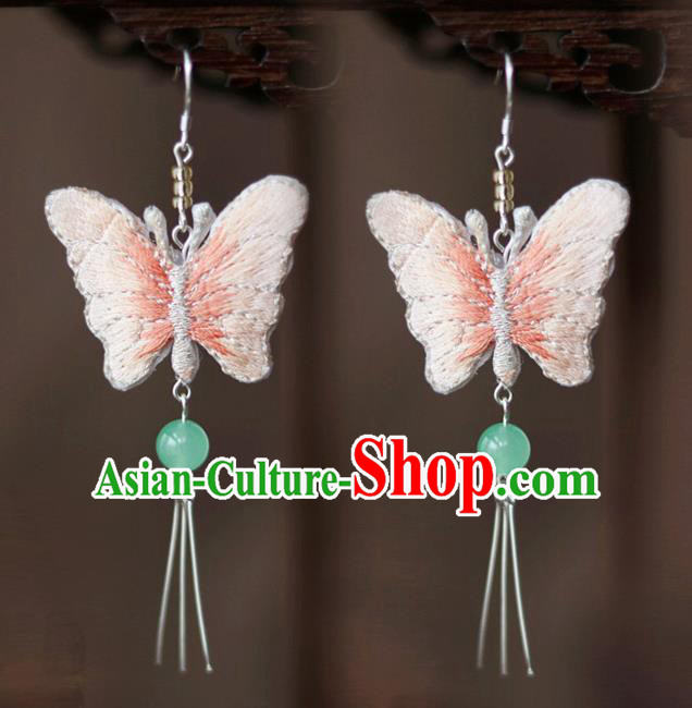 Chinese Traditional Hanfu Court Embroidered Pink Butterfly Ear Accessories Ancient Ming Dynasty Princess Earrings for Women