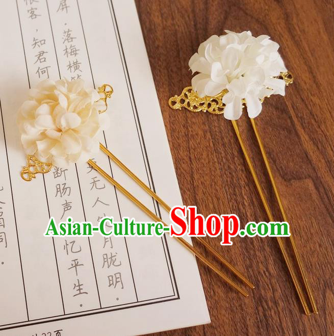 Chinese Ancient Princess White Silk Flower Hairpins Traditional Hanfu Court Hair Accessories for Women