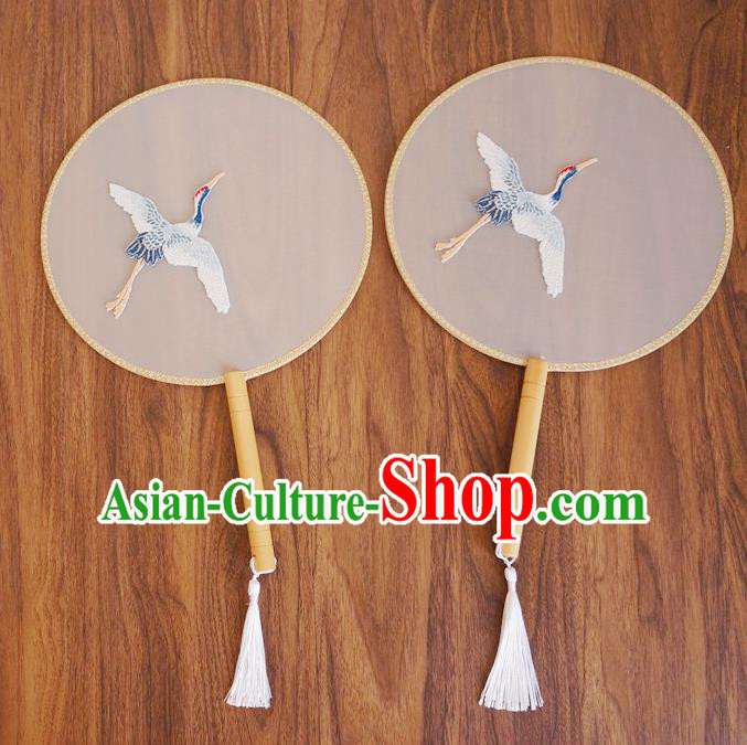 Chinese Traditional Hanfu Palace Fans Ancient Princess Embroidered Crane Silk Round Fan for Women