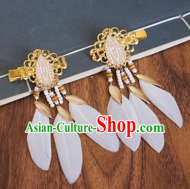Chinese Ancient Princess White Feather Hair Claws Hairpins Traditional Hanfu Court Hair Accessories for Women