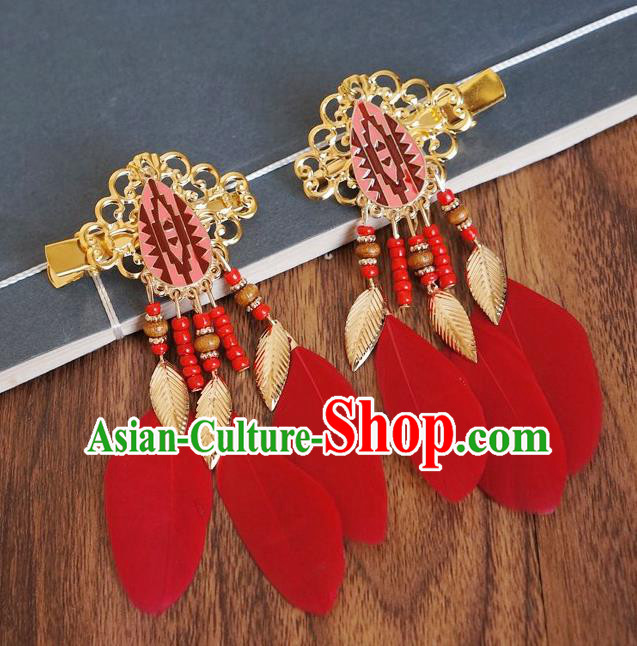 Chinese Ancient Princess Red Feather Hair Claws Hairpins Traditional Hanfu Court Hair Accessories for Women