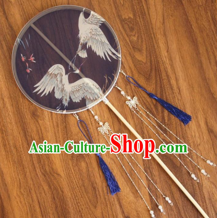 Chinese Traditional Hanfu Blue Tassel Palace Fans Ancient Princess Silk Round Fan for Women