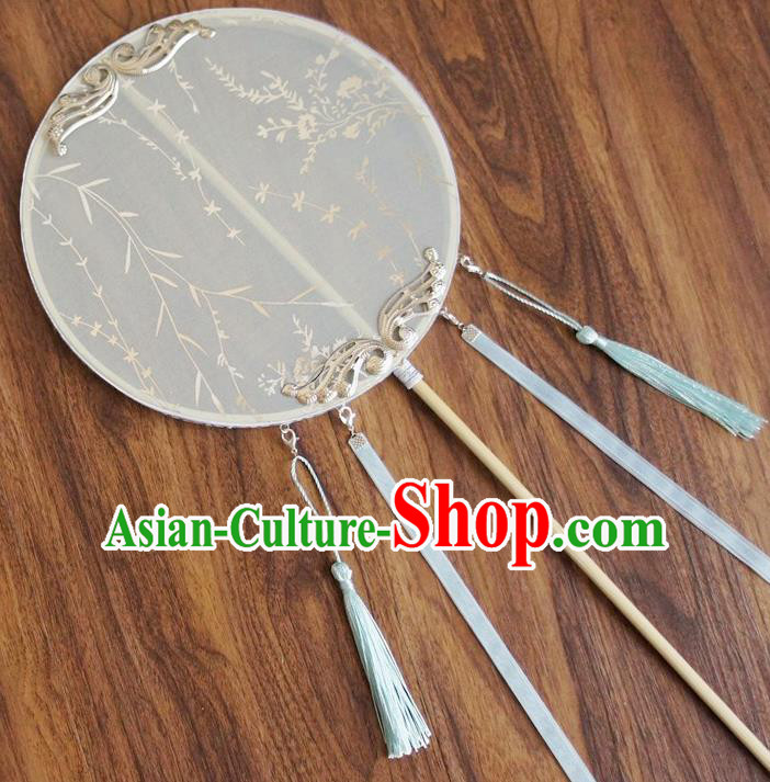 Chinese Traditional Hanfu Palace Fans Ancient Princess White Silk Round Fan for Women