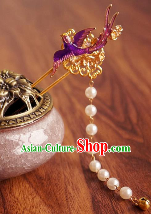 Chinese Ancient Princess Purple Bird Pearls Tassel Hairpins Traditional Hanfu Court Hair Accessories for Women